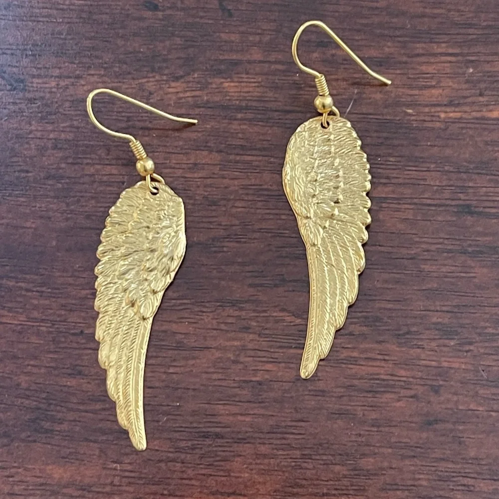 Gold washed brass angel wings drop earrings - Picture 2 of 6